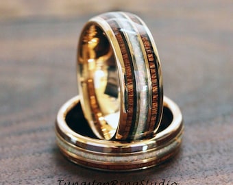 Fuego blanco ópalo Koa madera oro rosa tungsteno anillo de boda coincide con su conjunto de bodas y el suyo anillo de boda de oro rosa conjunto anillo de aniversario