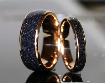 Match His and Hers Crushed Blue Sandstone Nebula Black Wedding Ring Rose Gold Silver Tungsten Wedding Ring Wedding Set Rose Gold Ring Set