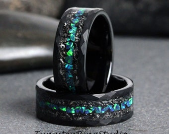 Mens Meteorite Ring, Hammer Blue Opal Wedding Ring, Mens Wedding Ring Gibeon Meteorite Band Peacock Blue Opal Ring Mens Ring Mans Ring