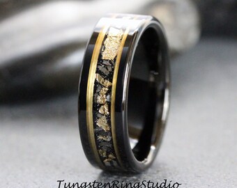 Gold Leaf Meteorite Ring, Black Meteorite tungsten Ring, 6mm 8mm Ring Rose Foil Leaf Ring, Mens Wedding Rings, Gold Accent