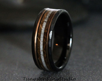 Hammered Black Deer Antler Dark Wood Burnt Whiskey Barrel Wedding Ring Brushed Tungsten Carbide Anniversary Band Mens Ring 8mm Ring