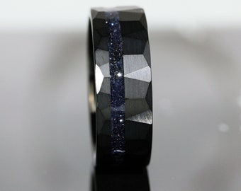 Mens Hammer Ring Nebula Interstellar Black Wedding Ring Blue Sandstone Ring Space Tungsten Carbide Anniversary Mans Mens Ring Men & Women