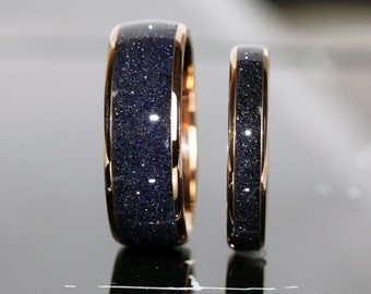 Nebula Ring Rose Gold Polished Tungsten Wedding Ring Blue Sandstone Gold Silver Black Ring Outer Space Mens Ring Men & Women