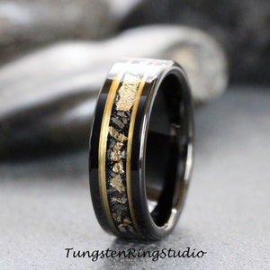 Gold Leaf Meteorite Ring, Black Meteorite tungsten Ring, 6mm 8mm Ring Rose Foil Leaf Ring, Mens Wedding Rings, Gold Accent