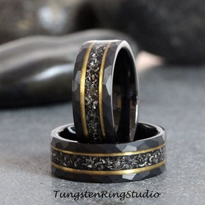 Mens Hammered Meteorite Ring, Hammered Yellow Gold Strip Black Tungsten Wedding Ring Gibeon Band Anniversary Mans Ring Interstellar Ring