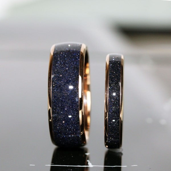 Nebula Ring Rose Gold Polished Tungsten Wedding Ring Blue Sandstone Gold Silver Black Ring Outer Space Mens Ring Men & Women