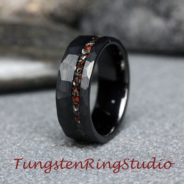 Dinosaur Bone Ring Tyrannosaurus Rex T-Rex Meteorite Ring Hammer Black Tungsten Wedding Band Anniversary Mans Mens Ring TungstenRingStudio