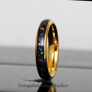 Meteorite Nebula Ring 4mm Yellow Gold Band Men Women Ring Outer Space Ring Wedding Ring Anniversary Ring Doom Comfort Fit Tungsten Ring