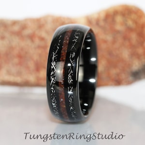 Black Meteorite Crushed Red Dinosaur Bone Tungsten Wedding Rings Bands Dinosaur Meteorite Ring Anniversary Mans Mens Ring TungstenRingStudio