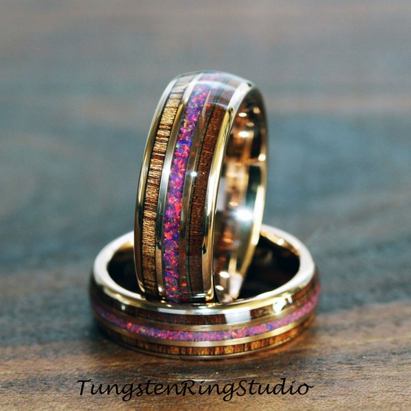 Purple Galactic Opal Koa Wood Rose Gold Tungsten Wedding Ring Match His and Hers Wedding Set Rose Gold Wedding Ring Set Anniversary Ring