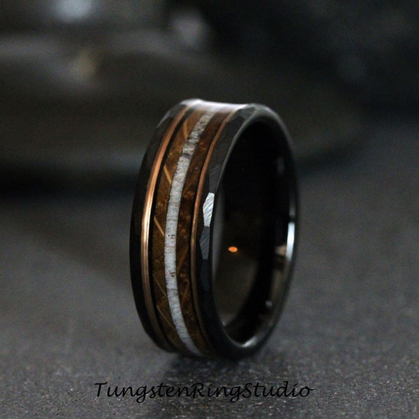 Hammered Black Deer Antler Dark Wood Burnt Whiskey Barrel Wedding Ring Brushed Tungsten Carbide Anniversary Band Mens Ring 8mm Ring