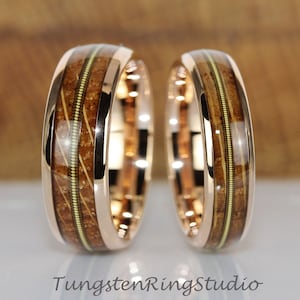 Whiskey Barrel Guitar String Rose Gold Tungsten Wedding Ring Set Match His and Hers Ring Wooden Mens Rings Womens 8 6 mm Anniversary Ring