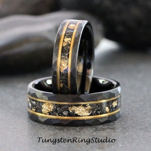 Hammered Gold Leaf Meteorite Ring, Black Meteorite Ring, 6mm 8mm Ring Rose Foil Leaf Ring, Mens Wedding Rings, Gold Accent