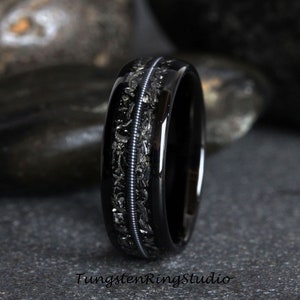 Meteorite Guitar String Black Ring 8mm Ring Black Tungsten Wedding Ring Polished Dome Tungsten Anniversary Ring Mans Mens Ring Men & Women