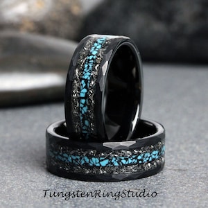 Mens Meteorite Ring, Hammer Turquoise Wedding Ring, Mens Wedding Ring Gibeon Meteorite Band Crushed Turquoise Ring Mens Ring Mans Ring