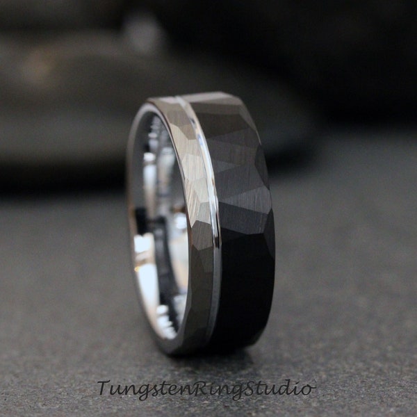 Hammer Black and Silver Gray Wedding Ring Tungsten Mens Ring 8MM 6MM Mans Ring Hammer Band Black Wedding Ring