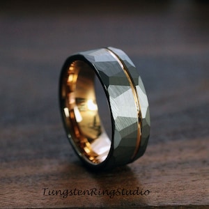 Hammered Wedding Ring Hammered Rose Gold Accent Strip Silver Gray Brushed Tungsten Carbide Anniversary Band Mens Ring 8mm Ring Black Ring