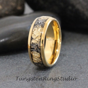 Mens Gold Leaf Meteorite Ring, Wedding Gold Foil Meteorite Ring 4mm 6mm 8mm Ring Meteorite Foil Leaf Ring Mens Wedding Rings Gold Accent
