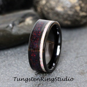 Fire White Opal Ring Black Opal Crushed Black Tungsten Carbide Wedding Ring Band Womens Ring 6 8 mm Birthstone Anniversary Mens October