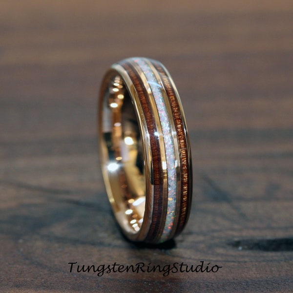Fire White Opal Koa Wood Rose Gold Tungsten Wedding Ring Match His and Hers Wedding Set Possible Rose Gold Wedding Ring Anniversary Ring