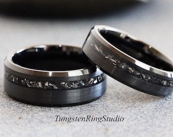 Black Meteorite Ring Bevel Tungsten Carbide Wedding Band set, Gibeon Meteorite, Anniversary men women