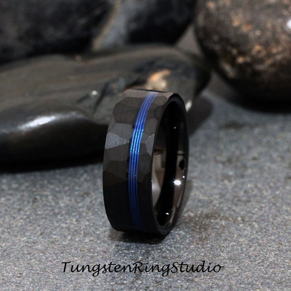 Blue Fishing Line Hammer Ring 8mm Offset Black Tungsten Wedding