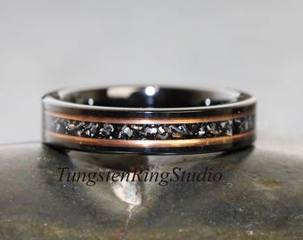 4mm Dainty Meteorite Tungsten Ring, Rose Gold strips black thin ring