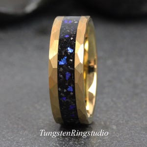 Meteorite Nebula wedding Ring, Yellow Gold Band Tungsten Ring, men ring, women ring, wedding ring