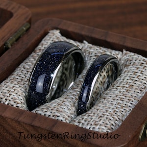 His and Hers Tungsten Crushed Blue Sandstone Nebula Matching Wedding Ring Set Rose Gold Black Silver Tungsten Wedding Ring Set