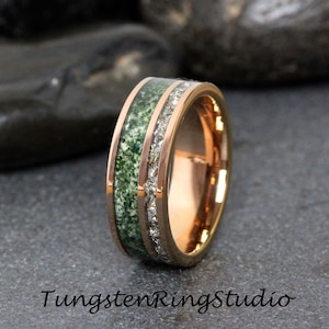 Moss Agate Silver German Glass Wedding Ring 8mm 6mm Diamond Alternative Rose Gold Tungsten  Men Band Mens Ring Men & Women Ring