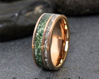 Moss Agate Silver German Glass Wedding Ring 8mm 6mm Diamond Alternative Rose Gold Tungsten  Men Band Mens Ring Men & Women Ring