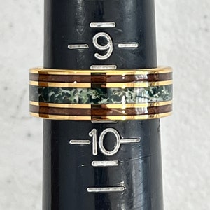 Gold Green Moss Agate Whiskey Barrel Wood Wedding Ring 8mm Moss Wood Tungsten Carbide Men Band Men & Women Ring