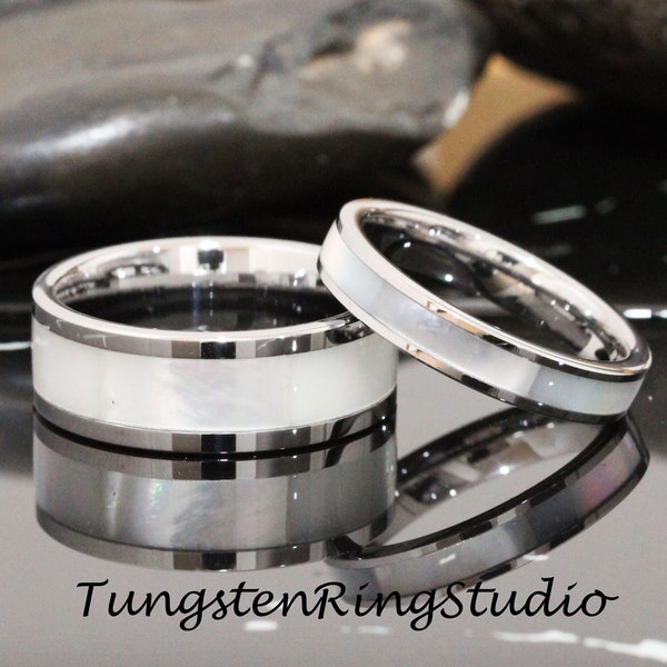 Mother of Pearl Ring Set Match His and Hers Silver-Gray Tungsten Wedding Ring Wedding Set Hawaiian Jewelry Set Anniversary Tungsten Wedding