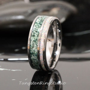 Polished Green Moss Agate Fire White Opal Wedding Ring 8mm 6mm Silver Tungsten Wedding Ring  Men Band Mens Ring Men & Women Ring