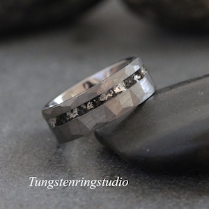 Hammer Silver Leaf Meteorite Tungsten Ring, Wedding Silver Foil Meteorite Ring 8mm band Silver grey tungsten Ring Men Wedding Rings Accent