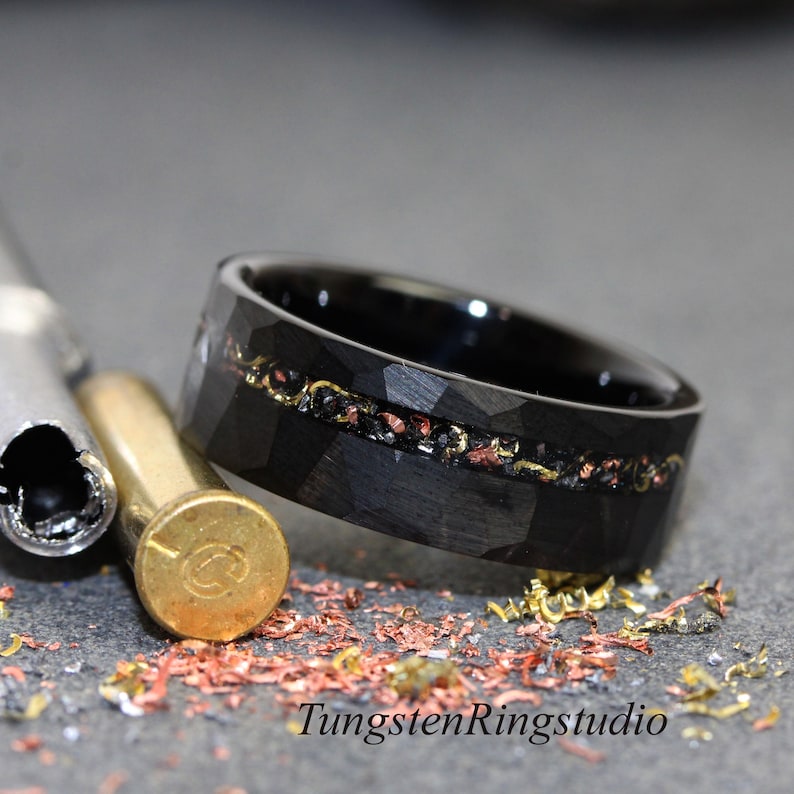 Reclaimed Bullet Shell Black Hammered Tungsten Ring, Copper, Steel Gun ...