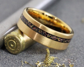 8 mm Gold Reclaimed Bullet Shell offset Tungsten Ring, Copper, Steel Gun Barrel Band