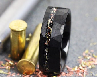 Reclaimed Bullet Shell Black Hammered Tungsten Ring, Copper, Steel Gun Barrel, Wedding Anniversary Band