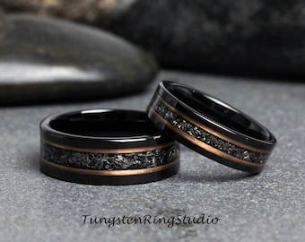 Meteorite Ring Set, His and Hers Ring Rose Gold Strips Black Tungsten Wedding Ring Carbide Matching Set Anniversary Ring Mens Men & Women