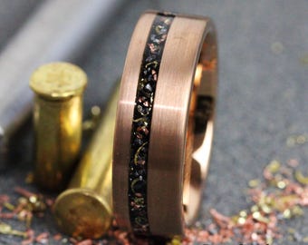 Reclaimed Bullet Shell offset rose gold Tungsten Ring, Copper, Steel Gun Barrel, Anniversary Band