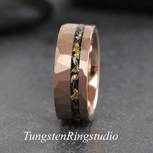 Blatt Gold Meteorit Gehämmert Rosegold Wolfram Ring, Hochzeit Goldfolie Meteorit Ring 6mm 8mm Ring Männer Frauen Trauringe Goldakzent