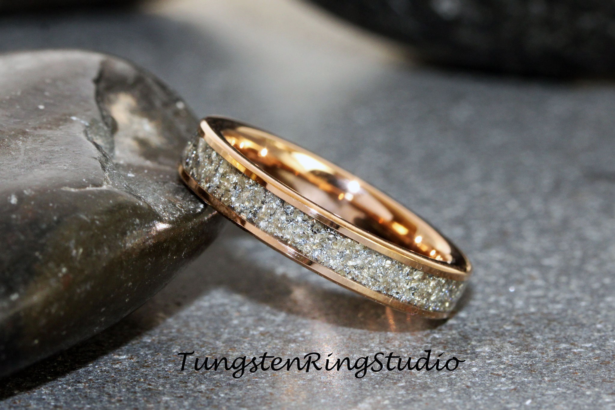 Gibeon Meteorite Rose Gold Meteorite Ring Flat Glass Tungsten Ring Set,  German Silver Glass Wedding Ring, His And Hers Ring, Matching Set, Men  Women