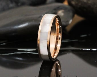 6mm Mother of Pearl Rose Gold Tungsten Wedding Ring Band 4mm 8mm Rose Gold Flat Polish Wedding Ring Anniversary Ring Mens Ring Womens Ring