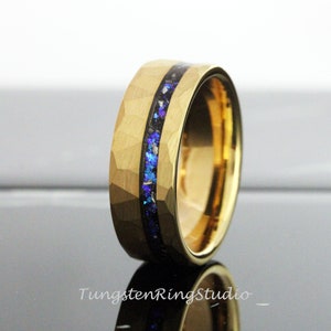 Hammer Meteorite Nebula Ring 8mm Yellow Gold Band Mens Mans Ring Outer Space Ring Wedding Anniversary Ring Flat Comfort Fit Tungsten Ring
