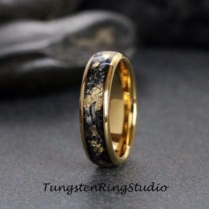 Polished Gold Leaf Meteorite Ring, Wedding Gold Foil Meteorite Ring 4mm 6mm 8mm Ring Meteorite Foil Leaf Ring Mens Wedding Rings Gold Accent