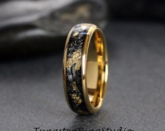 Polished Gold Leaf Meteorite Ring, Wedding Gold Foil Meteorite Ring 4mm 6mm 8mm Ring Meteorite Foil Leaf Ring Mens Wedding Rings Gold Accent