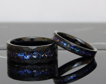Hammer Meteorite Nebula Matching Ring Set His and Hers Ring Set Black 4mm 8mm Men Women Ring Outer Space Wedding Anniversary Ring Tungsten