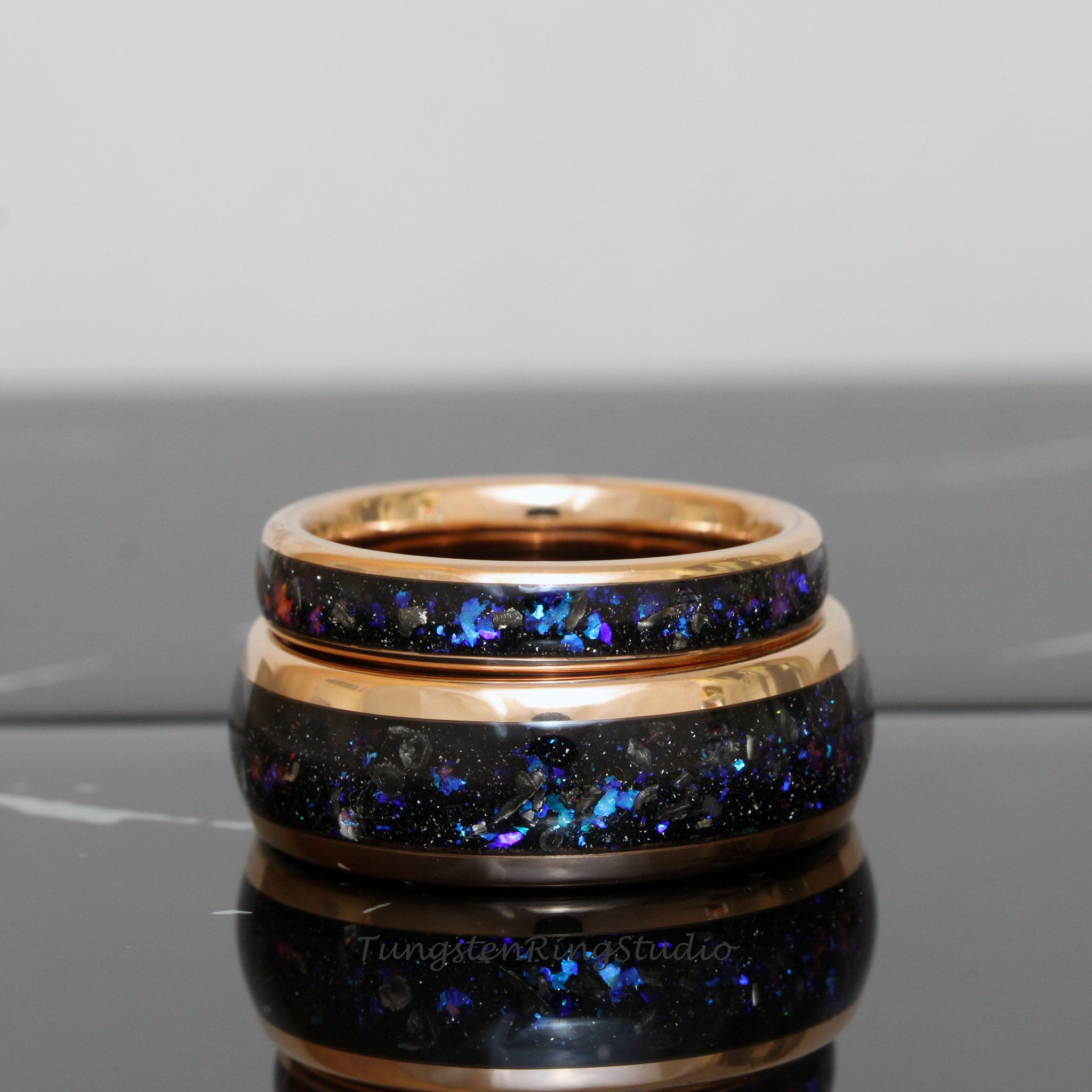 Space Ring Set Meteorite Nebula Matching Ring Set His and Hers Ring Set Rose Gold 4mm ...