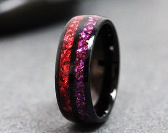 Red Garnet & Birthstone Ring - Alexandrite Double Inlay Tungsten Carbide Glass Band