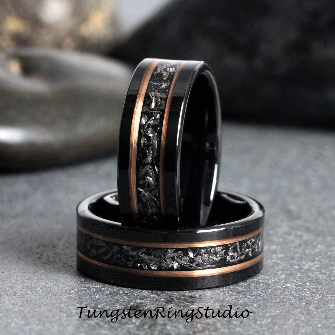 Meteorite Rose Gold Strip Black Tungsten Wedding Rings Stripe image 1